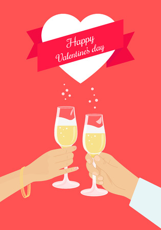 Happy valentines day poster template with human hands and champagne. Text outlined. Free font Rochesterのイラスト素材