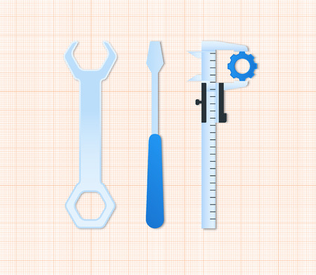 Maintenance tools screwdriver, spanner and caliper on drawing paperのイラスト素材