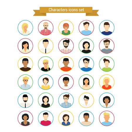 Vector characres round contour icons set of modern people isolated on white