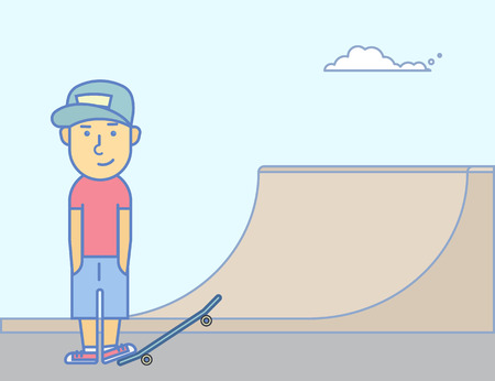 Young smiling guy with skateboard and the ramp behind himのイラスト素材