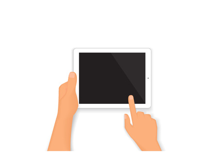 Realistic human hands hold a tablet pc isolated on whiteのイラスト素材
