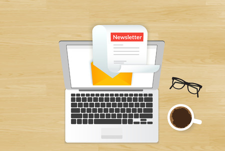 Newsletter illustration with laptop placed on realistic wooden background. Top view with cup of coffee and eyeglassesのイラスト素材