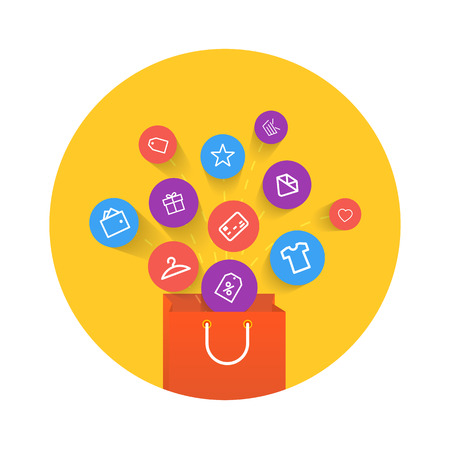 Red sale bag with apps icons. Isolated yellow iconのイラスト素材