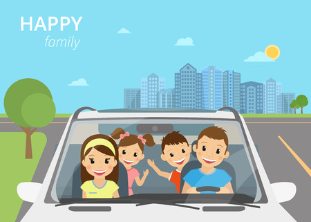 Happy family with children travelling by carのイラスト素材