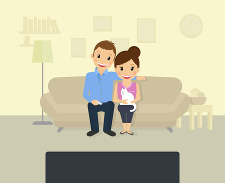 Happy couple is watching tv at homeのイラスト素材
