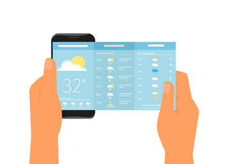 Human hand holds smartphone with app for weather forecast. Text outlinedのイラスト素材