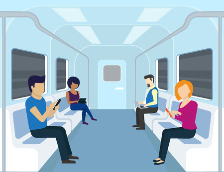 People are using gadgets in the subway. Flat modern illustrationのイラスト素材