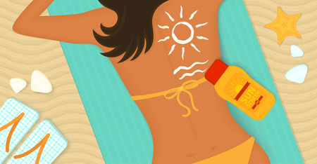 Young girl sunbathes on a beach and caring about her health she uses sunscreenのイラスト素材