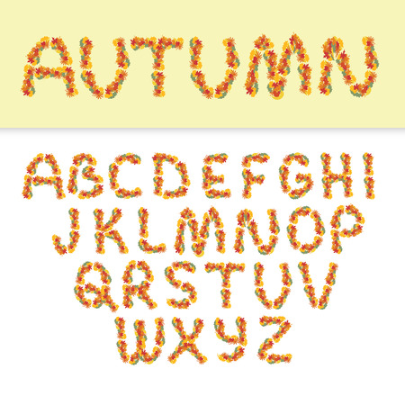 Autumn english alphabet of yellow leaves isolated on white with sample textのイラスト素材