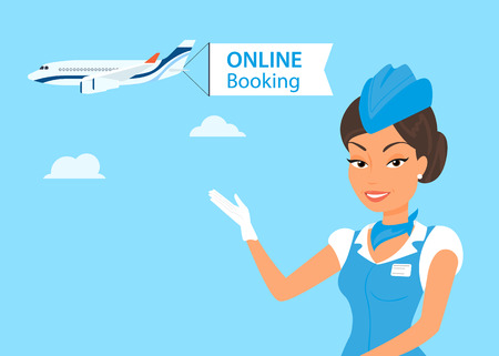 Female stewardess wearing blue suit  and airplane behind herのイラスト素材