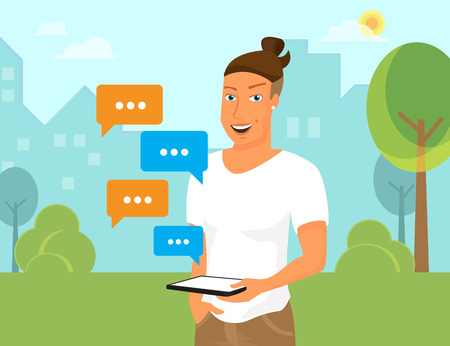 Hipster holds a tablet pc in his hand with social networking speech bubblesのイラスト素材