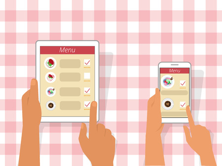 Man and woman are ordering food using smartphone and tablet pc in restaurant.のイラスト素材