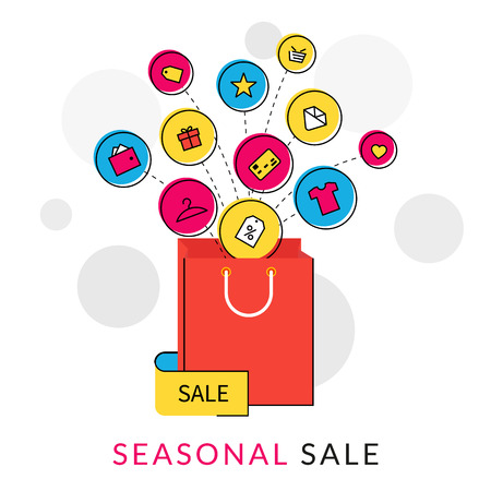Flat contour illustration of red shopping bag with commercial icons for saleのイラスト素材