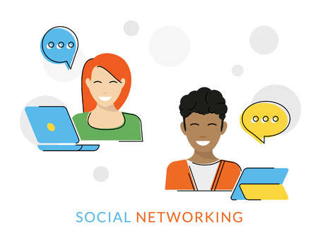 Young woman and smiling guy are sitting with laptop and tablet pc and talking via social networks. Flat contour illustrationのイラスト素材