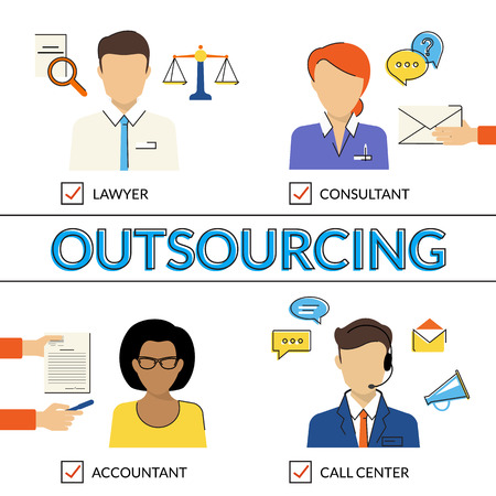 Four flat contour illustrations of types of outsoursing for business start-up. Lawer, consultant, accountant, call center operatorのイラスト素材