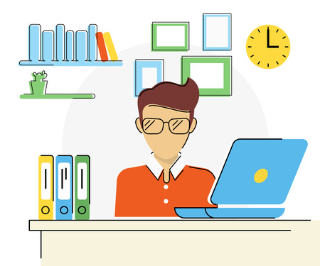 Flat contour illustration of young man is working with laptop at homeのイラスト素材