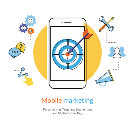 Mobile marketing and targeting. Flat contour illustration of a smartphone with dartboard in the screen. Text outlined, free font Latoのイラスト素材