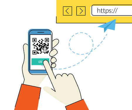 Flat contour illustration of man is scanning QR code via smartphone app then following the link to the webpageのイラスト素材