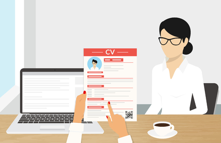 Realistic desktop design with CV presentation. Illustration of business interview with an employeeのイラスト素材