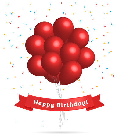 Realistic red balloons with greeting happy birthday phrase on the red silk ribbon isolated white banner. Birthday background.のイラスト素材