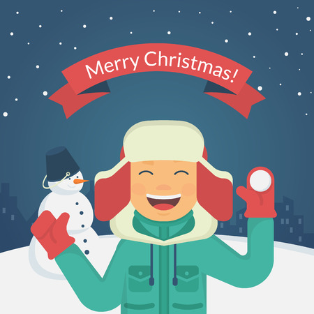 Flat illustration of happy boy playing outdoors with snowball and making the snowman. Poster for new year or christmas greeting card designのイラスト素材