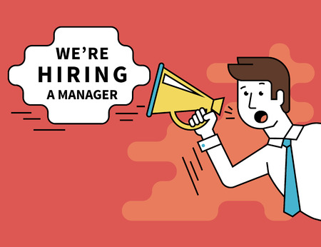 Flat line contour illustration of male employer shouting into a megaphone announcements about hiring a professional manager. Template bubble with outlined textのイラスト素材