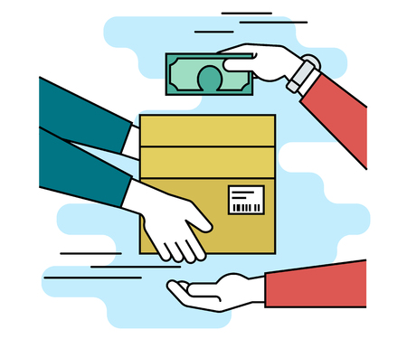 Payment by cash for express delivery. Flat line contour illustration of human hand holds a carton box with barcode and other man giving money to courier for the shipping serviceのイラスト素材