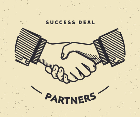 Two business partners agreed a deal and doing handshaking. Vintage illustration on beige backgroundのイラスト素材