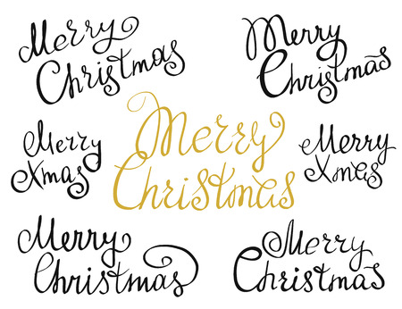 Set of Merry Christmas handmade lettering inscriptions. Design elements isolated on white background. Hand written lettering design for congratulation cards, banners and flyersのイラスト素材