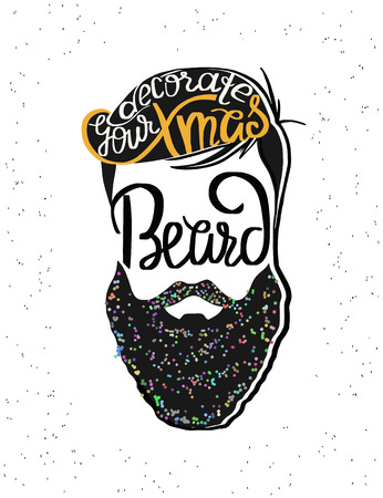 Decorate your xmas beard handmade lettering on the stylish hipster hand crafted illustration. Xmas greeting card template design. Handwritten inscription with swirls and ornamentsのイラスト素材
