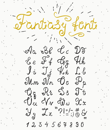 Fantasy elegant handwritten font with swirls on retro textured paper. Hand made lettering for invitation, signature and wedding text with decorative linesのイラスト素材