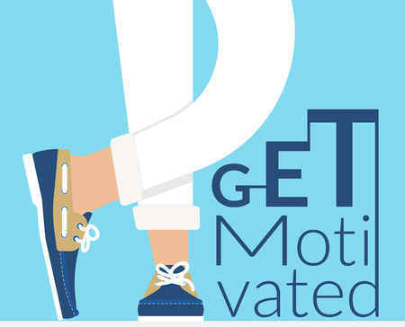 Flat modern illustration of human legs wearing stylish moccasins with the text Get motivated. Motivational poster on blue backgroundのイラスト素材