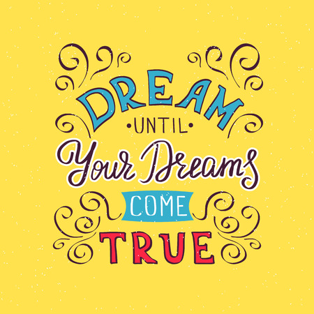 Follow your dreams handwritten design element swirls for motivation and inspirational poster, t-shirt and banners. Hand drawn lettering quote on black backgroundのイラスト素材