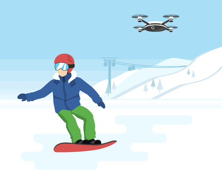 Snowboarding and remote drone with camera. Young snowboarder and quadrocopter with camera flying in the sky and recording a video of active sport lifeのイラスト素材