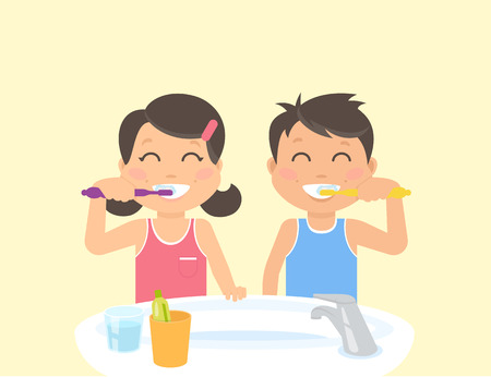 Happy kids brushing teeth standing in the bathroom near sink. Flat illustration of children teeth care and healthy lifestyle and hygieneのイラスト素材