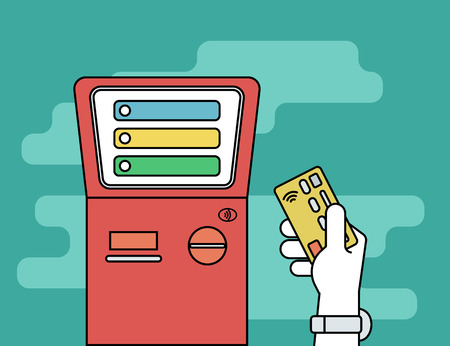 Human hand with credit card getting access to payment terminal. Flat line contour illustration of payment via credit cardのイラスト素材