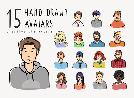 Hand drawn avatars set of different characters. Business people and teenagers portrate illustration for creative community or social networksのイラスト素材