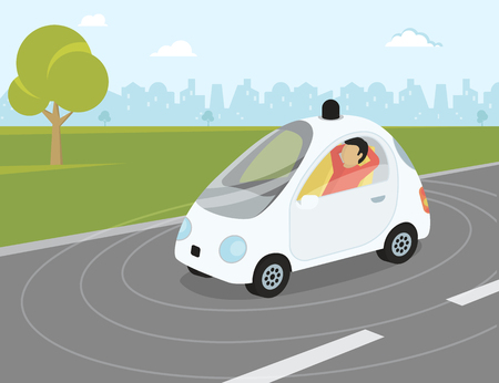Flat flat modern illustration of self-driving intelligent driverless car goes through the city with happy passenger relaxing into the carのイラスト素材
