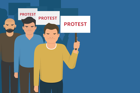 Demonstration and protest concept crowd of angry people with banners. Flat illustration of political protesters and politic crisis poster, revolution placard conceptのイラスト素材