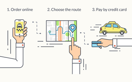 Infographic flat line illustration of mobile app for ordering taxi. Contour human hand holds in his hand smartphone and booking taxi, choosing the route and doing payment by credit card.のイラスト素材