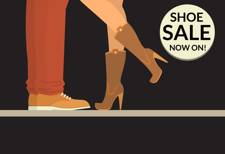 Shoe sale now on black shopping banner with human legs wearing shoe and boots. Flat conceptual illustration of couple wearing casual leather shoesのイラスト素材