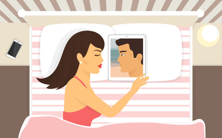 Young woman sleeping with tablet pc and dreaming of her boyfriend which photo placed on the displayのイラスト素材