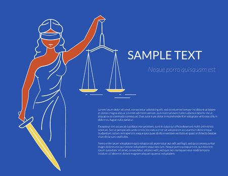 Themis with holding a scale in her hand. Oulined conceptual illustration of goddess of justice with copy space on blue background. Transparent femida designのイラスト素材