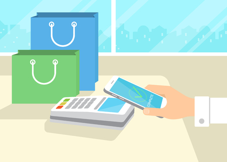 Flat illustration of mobile payment via smartphone. Human hand holds a smartphone and doing payment by credit card wireless connecting to the payment terminal in the shopのイラスト素材