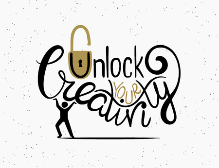 Unlock your creativity handwritten design element for inspiratopn and motivation banner or poster isolated on rerto textured backgroundのイラスト素材