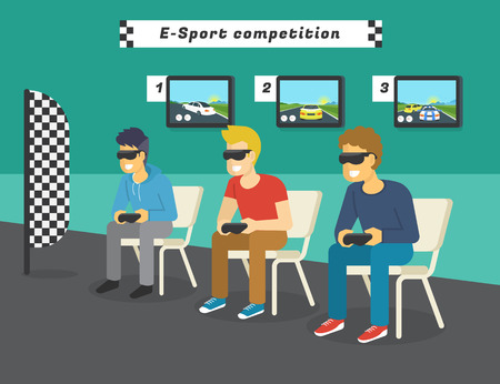 E-sport race competition with virtual reality glasses. Guys playing virtual car race championship and displays behind them showing game to public. Concept illustration of future gaming technologiesのイラスト素材