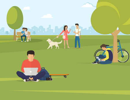 Flat illustration of people using gadgets sitting on the grass in the park. Young guys are using laptop, woman talking her friend and couple sitting on the bench and using smartphone to send messagesのイラスト素材