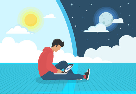 Young man sitting on the floor and working with laptop day and night. Flat concept modern illustration of nonstop social networking, searching and sending email and working as programmer or designerのイラスト素材