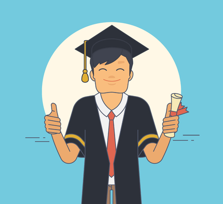 Proud student wearing black ceremony mantle and hat in graduation day. Young happy man holds in his hand certificate and does thumbs up gesture. Flat illustration of character graduated universityのイラスト素材