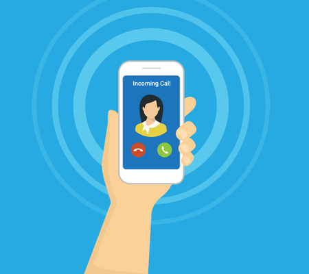 Incoming call on smartphone screen. Flat illustration for calling service. Hand holds smartphone with incoming call from his girlfriend. Flat icon for banners, websites and infographicsのイラスト素材